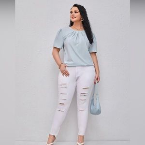Plus Ruched Keyhole Back Blouse - Shein